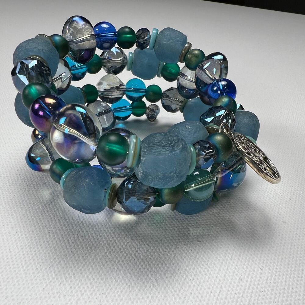 Handmade Beaded Coil Bracelet Sea Glass Blue Green Glass Beads Tree Charms